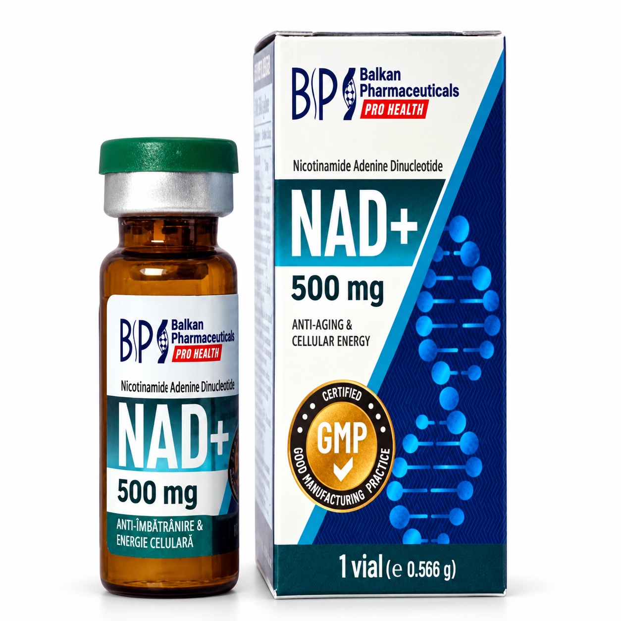 NAD+ 500 mg – flacon și cutie pe fundal alb